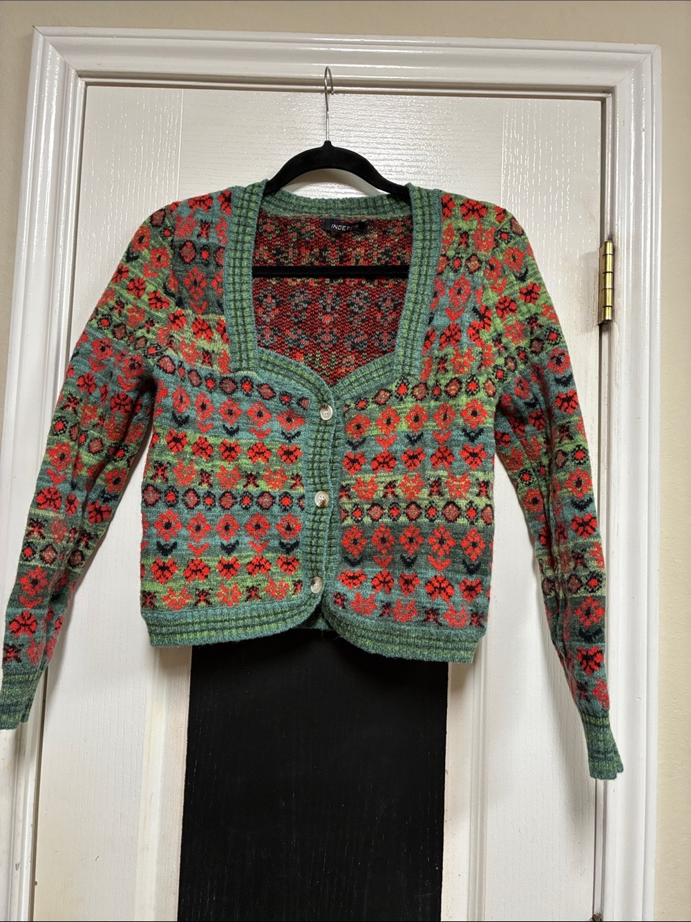 Vintage-Inspired Green Floral Knit Cardigan Sweater